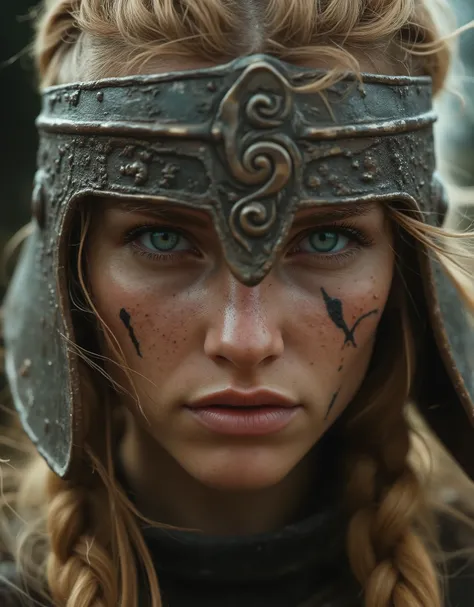 x} A photorealistic macro image of the face of an epic female warrior. Close-up with high detail, The ultra-realistic texture of aged skin, clear lines, scars, dirt on the face, clear focus on the eyes, cinematic shot looking at the viewer. She looks decis...