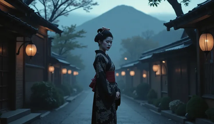Asian Geisha girl, beautiful face, perfect body, Japanese village, dark, nighttime, foggy, dark street, Japanese mountain background, sexy, seductive, high detail, masterpiece.