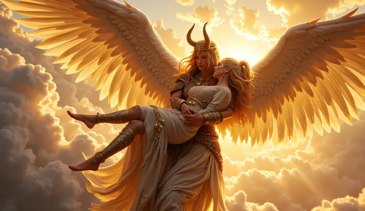 ((best quality)), ((masterpiece)), (detailed), photorealistic, Most beautiful female winged valkyrie (holding a dead viking warrior in her arms) flying into the sky up to valhalla. View from above.
