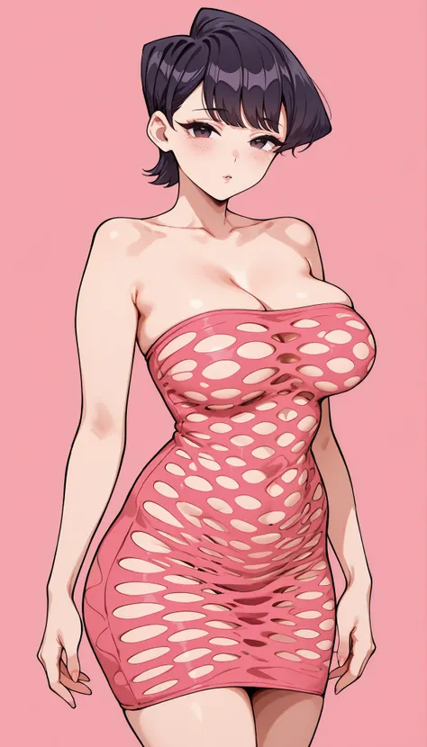 masterpiece, top quality,
1girl, solo,
Suuko Komi, mature women, black hair, shorthair, 
strapless_Pohol_tube_dress_SKNSFW, ミニdress, straplessdress, アクアdress,
simple background, pink background, 
 