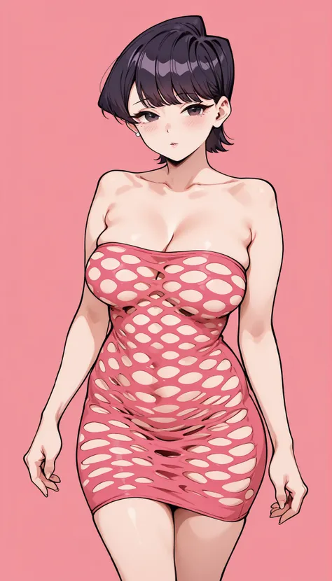 masterpiece, top quality,
1girl, solo,
Suuko Komi, mature women, black hair, shorthair, 
strapless_Pohol_tube_dress_SKNSFW, ミニdress, straplessdress, アクアdress,
simple background, pink background, 
 