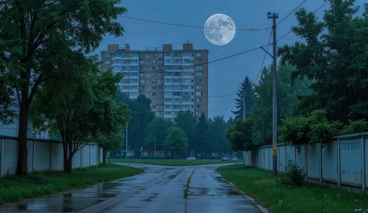 landscape, street, USSR Vibes, panel buildings:1.5, panelki:1.5, many floors, many green trees, night, summer, rain, big moon, stars:1.5, cloudy:1.5, grass, crossroad:1.5, cracks in the asphalt:0.3, soviet-style concrete fence:0.15, flowers:0.15, without s...