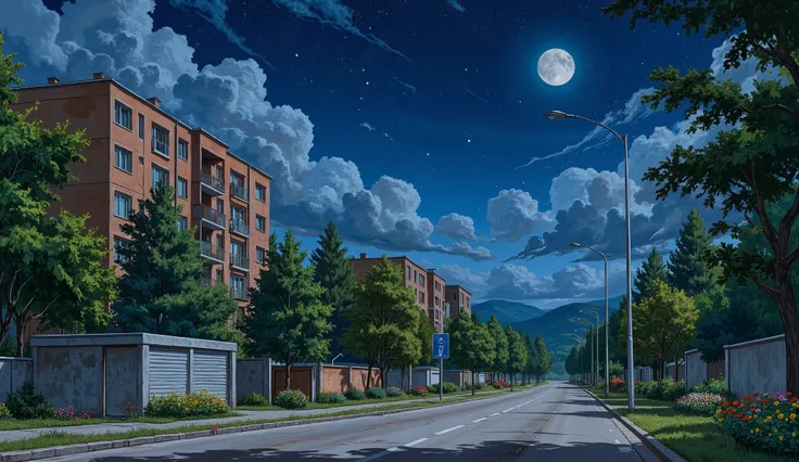landscape, street, USSR Vibes, detailed panelki, Russian Apartments, many green trees, night, summer, big moon, stars:1.5, cloudy:1.5, grass, crossroad:1.5, cracks in the asphalt:0.3, soviet-style concrete fence:0.15, flowers:0.15, without sun, garages