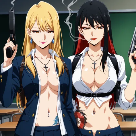 masterpiece,best quality,highres, absurdres, , mole under mouth, eyeliner,2girl, two girls,  female,  long hair, [[[tattoo]]], earrings,  tattoo, waist tattoo, girls, black hair, blonde hair,  red hair,
ear piercing, long hair, , lipstick, Hot girl, baddie...