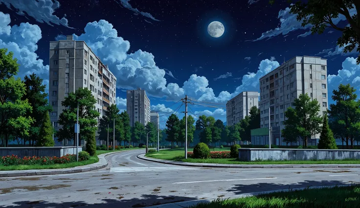 landscape, street, USSR Vibes, panel buildings:1.5, panelki:1.5, many floors, many green trees, night, summer, puddles on the asphalt, big moon, stars:1.5, cloudy:1.5, grass, crossroad:1.5, cracks in the asphalt:0.3, soviet-style concrete fence:0.15, flowe...