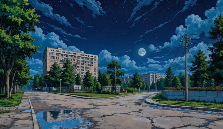 landscape, street, USSR Vibes, panel buildings:1.5, panelki:1.5, many floors, many green trees, night, summer, puddles on the asphalt, big moon, stars:1.5, cloudy:1.5, grass, crossroad:1.5, cracks in the asphalt:0.3, soviet-style concrete fence:0.15, flowe...