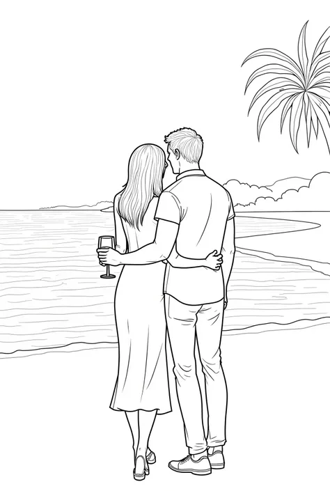 A couple celebrating holding each other close near beach, the (man editor) little young holds (a paper draft in his hand) and his wife has a glass of wine in her hands, looking away at the see, back side visible, both seem happy, celebrating the special ne...