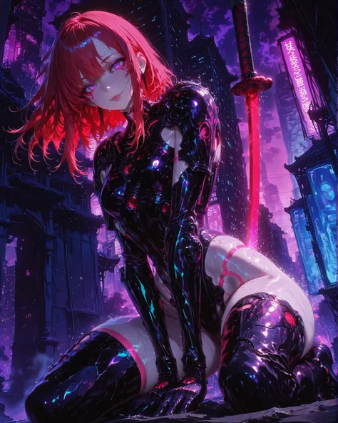 Masterpiece, ultra detailed, 4K resolution, cinematic lighting, dynamic angle, perfect anatomy, natural proportions, expressive faces, realistic shadowing, soft ambient occlusion, a beautiful woman (nice curves) with long red hair wavy at the ends, purple...