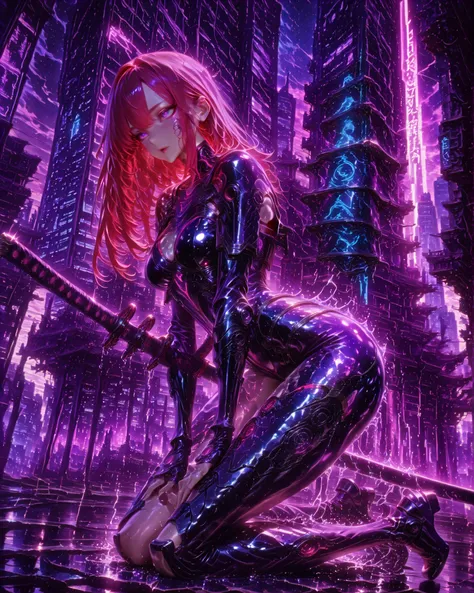  Masterpiece, ultra detailed, 4K resolution, cinematic lighting, dynamic angle, perfect anatomy, natural proportions, expressive faces, realistic shadowing, soft ambient occlusion, a beautiful woman (nice curves) with long red hair wavy at the ends, purple...
