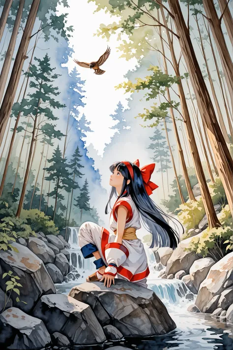 high resolution,masterpiece,nakoruru,1 girl,Japanese Forest,The big hawk soaring overhead,(watercolor painting,soft brushstrokes:1.6),from adove,Wearing pants