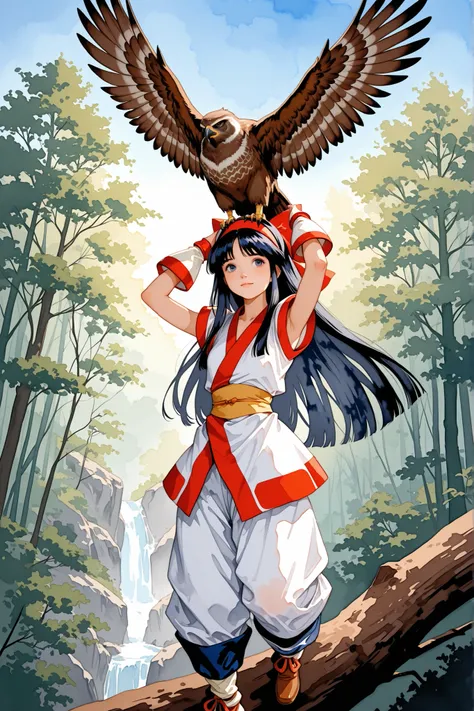 high resolution,masterpiece,nakoruru,1 girl,Japanese Forest,The big hawk soaring overhead,(watercolor painting,soft brushstrokes:1.6),from adove,