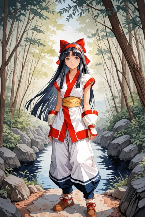high resolution,masterpiece,nakoruru,1 girl,Japanese Forest,The big hawk soaring overhead,(watercolor painting,soft brushstrokes:1.6),from adove,