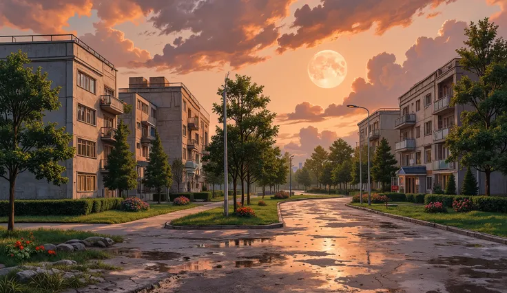 landscape, street, USSR Vibes, panel buildings:1.5, panelki:1.5, many floors, detailed houses, many green trees, evening, orange clouds, after rain, summer, puddles on the asphalt, huge moon, cloudy:1.5, grass, crossroad:1.5, cracks in the asphalt:0.3, sov...