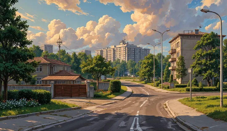 landscape, street, USSR vibes, panel buildings:1.5, panelki:1.5, many floors, detailed houses, many green trees, evening, orange clouds, after rain, summer, puddles on the asphalt, cloudy:1.5, grass, crossroad:1.5, cracks in the asphalt:0.3, soviet-style c...