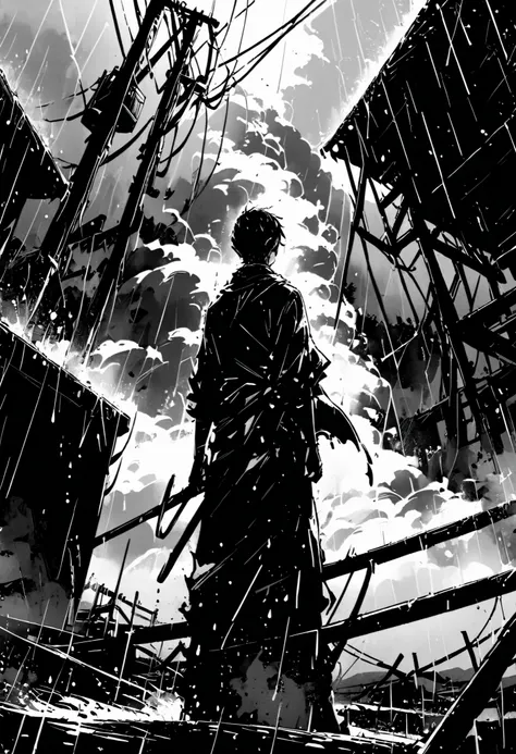 Lonely, weapons, Eternal, keep, 1 person, from the back, Smoking, Power lines, Scenery, rain, Outdoors, 1Other