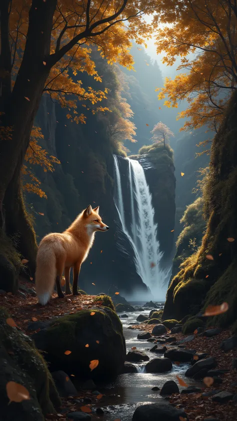 goldener Herbstwald, a small waterfall, dunkle Felsen, rays of light fall visibly through the canopy and illuminate a red fox standing by the stream