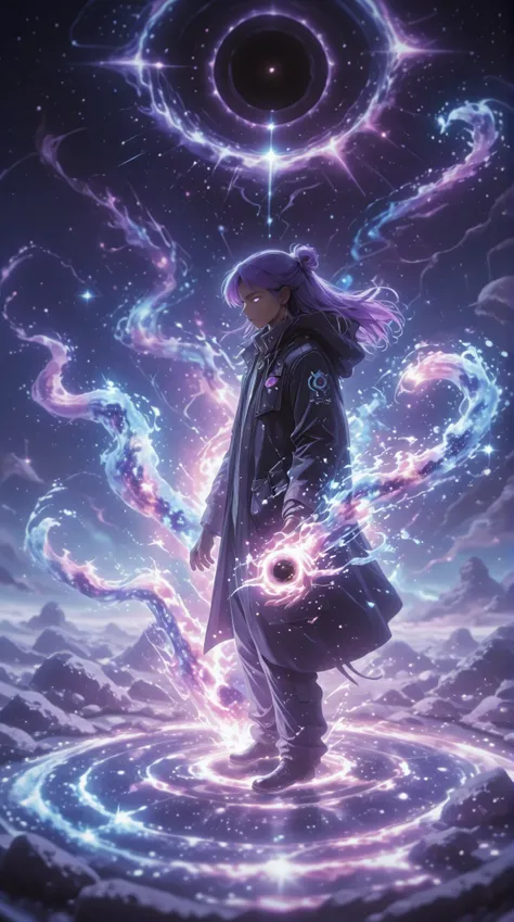 A dark-skinned boy with glowing purple eyes, short men's hair, surrounded by a celestial aura of stars and swirling constellations. He wears a flowing black coat and stylish dark cargo pants. In his right hand, he holds a pulsating black hole that distorts...