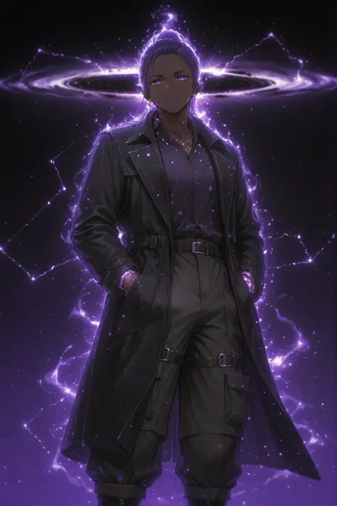 A dark-skinned boy with purple eyes and an aura of stars looking like constellations surrounded by a black coat and cargo pants Holding a black hole in one hand as if it were a power while the other is in his pocket