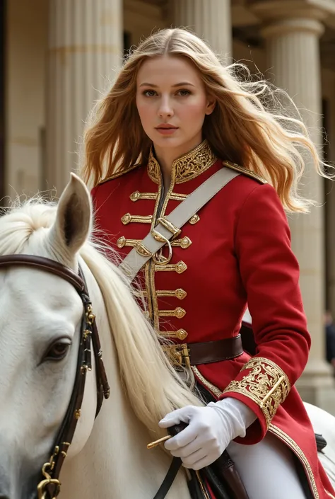 Create a hyper-realistic movie poster featuring a beautiful 20-year-old girl with fair skin and a slim figure. She has long, wavy blonde hair and is wearing a red jacket uniform inspired by the Captain of the King's Guard from the Louis XVI era. Set in the...