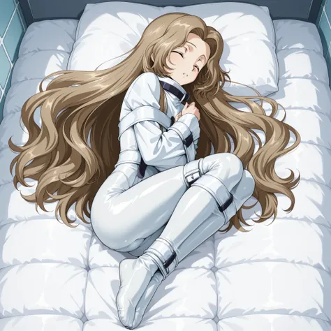 ,Code Geass: Hangyaku no Lelouch,nunnally lamperouge, nunnally vi britannia, long hair, brown hair, very long hair, closed eyes,
,They're being rolled over in their sleep,A girl lying on her back on a bed, lying on her side,legs bent,
,White straitjacket,b...