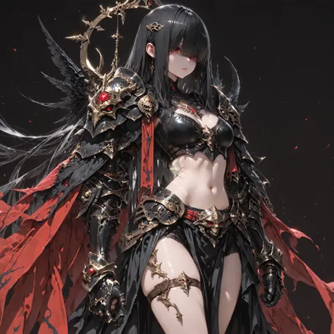 ((best quality)), ((masterpieces)), (detailed), perfect face, SOLO, ((1 girl)), ANIME, beautiful detailed eyes, long hair, long straight hair, black hair, RED EYES, ((Medium Breasts)), (thigh strap), expressionless, Hair fluttering, hairpin, no background,...