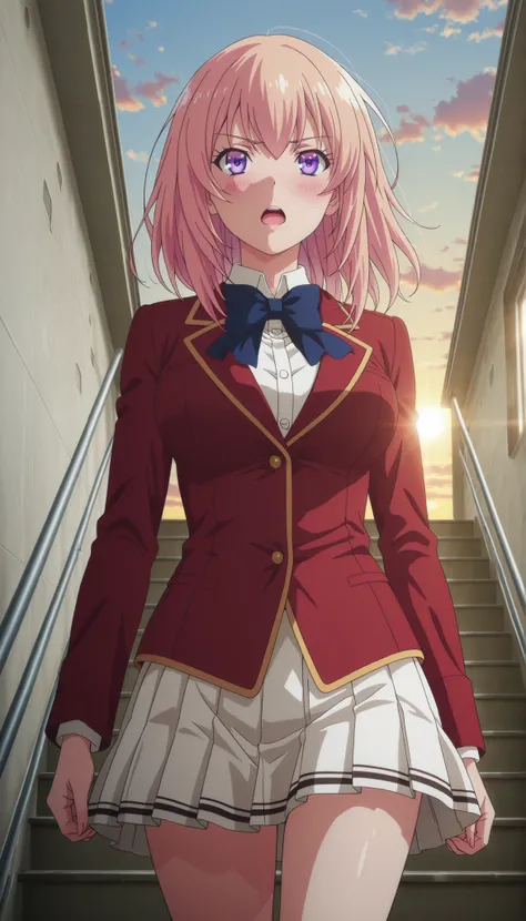  
masterpiece, best quality, very detailed, , masterpiece, best quality,  eyelashes, (Beautiful Eyes), cowboy shot,Ichinose Honami,  anime,  Official Illustration , blush, ruddy skin, medium hair , purple eyes ,    Gold ,red jacket , pleated skirt ,white s...