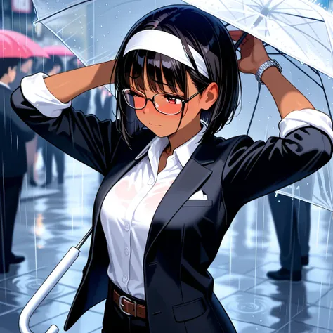 Masterpiece, fine eyes, Japanese woman in her 20s, (big eyes: 1.0), solo, red eyes, one eye closed, solo, black hair, short hair, short bob, (brown skin), bangs, blushing, embarrassed face, tehepero, hands behind head, rain, ((holding plastic umbrella)), upper body,, upper body, glasses, ((black suit jacket, sleeves rolled up)), open jacket, white collared shirt, silver watch, ((white headband)), black pants, brown belt, business wear, street in a crowd, blur, (looking up: 0.7), perfect hands, cute, blurred background. Details: perfect, masterpiece, best, very beautiful, top quality, high quality
