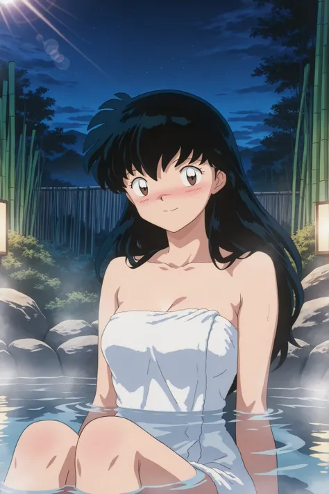 inuyasha, anime, anime_style,kagome higurashi, long hair, black hair, retro artstyle, brown eyes,
soro, one girl, White towel wrapped around body, onsen, open-air bath, night, beautiful night sky, bamboo, stones, hot water, steam, body submerged in hot wat...