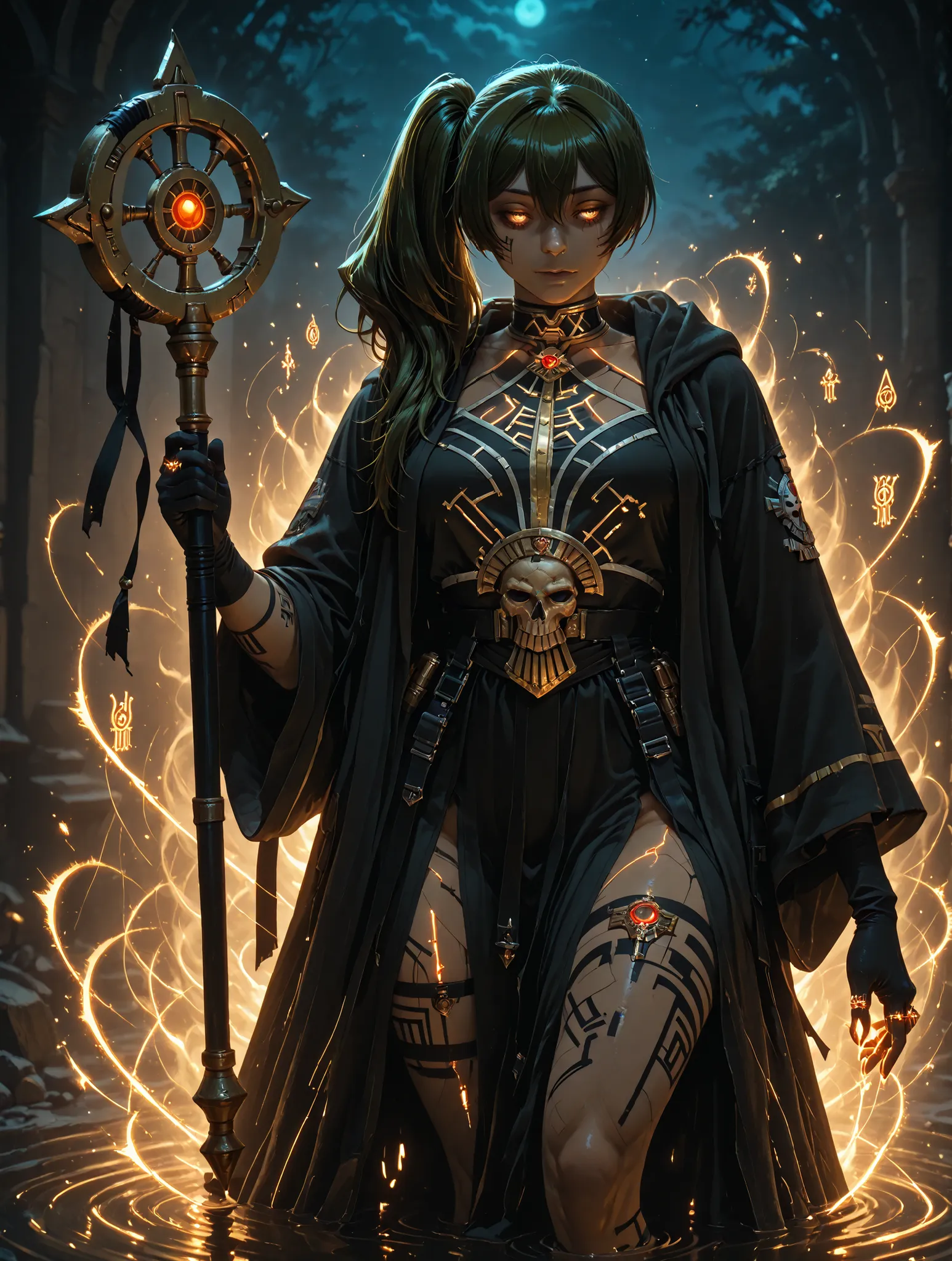 female soldier from Warhammer 40,000, Ubel, Frieren: Beyond Journey's End (葬送のフリーレン), the elf mage from Frieren: Beyond Journey's End, Masterpiece, natural lighting, night, perfect shadows, ray tracing, detailed image, perfect human anatomy, androgynous fi...