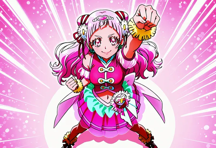  score_9, score_8_up, score_7_up, Cure Yell, pink strom background , ultraman appearance pose,rising pose, raise up fist, from above, smile , cowboy shot, glossy lips ,closed mouth ,medium breast, full body