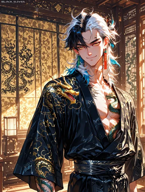 medium hair, Tied-Back Hair, 1male, ((Two-colour Hair : black-Silver)), Amber Prismatic Eyes, Hanafuda Earring, black kimono with japanese pattern, chest, handsome, dragon tattoo, standing, smile, Background japanese room