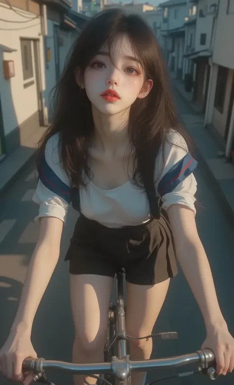 Full body picture, best quality, masterpiece, high sensitivity, high resolution, detailed depiction, Slender Woman, high angle shot of a girl with a piece of bread in her mouth, long black hair, wearing a Japanese Sailor Fuku short-sleeved school uniform, ...