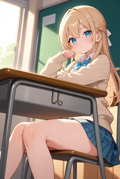 大根のように白く太い美しい脚をアピールする女子高生、High school girl showing off her beautiful legs that are white and thick like radishes while sitting on a chair、classroom、cute character design、