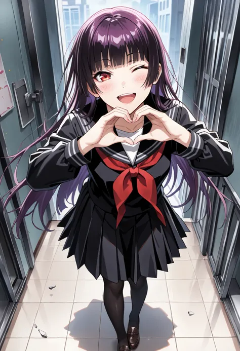 (masterpiece, best quality, perfect face:1.4), wide angle, kanoe yuuko\(dusk maiden of amnesia\), long hair, purple hair, hime cut, blunt bangs, red eyes, proportional body, proportional,1 girl, beautiful hair, beautiful face, beautiful detailed eyes, beau...