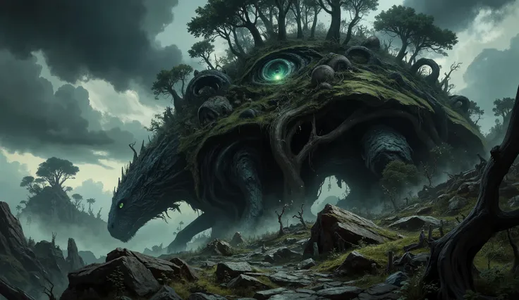 C0lorful4rt,A high fantasy concept art illustration of a dark, mysterious forest growing on the back of a colossal, earth-crawling dragon. The sky is heavy with dense, overcast clouds, casting a gloomy, dramatic light. The forest is teeming with grotesque,...