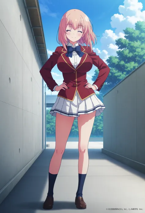  
masterpiece, best quality, very detailed, , masterpiece, best quality,  eyelashes,Ichinose Honami,  anime,  Official Illustration , Big Breasts, blush, ruddy skin,Big Breasts, medium hair , closed eyes ,    Gold ,red jacket , pleated skirt ,white skirt ,...