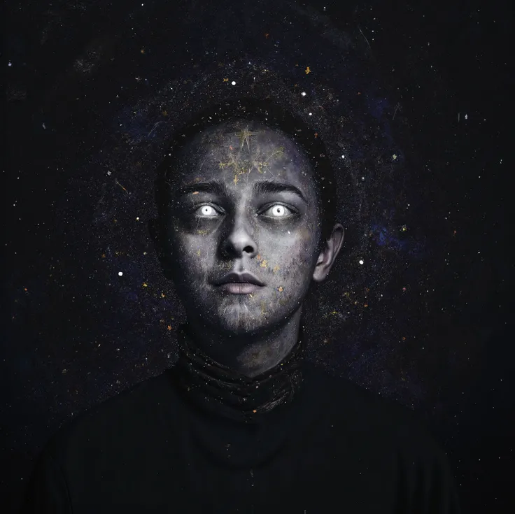 A human face fading among stars, with cosmic symbols, on a mysterious, mythical and dark galactic background. Surreal science fiction painting, fascinating and beautifully ominous, epic journeys into unknown