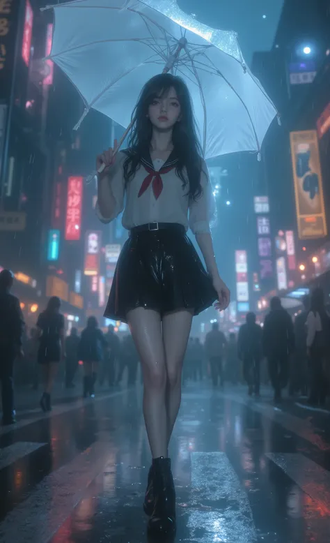 best quality, masterpiece, high sensitivity, high resolution, detailed depiction, Slender Woman, Font view of a young black-haired girl in a school uniform holding a white umbrella in the rain crossing a crowded city street, raining, very pale skin white s...