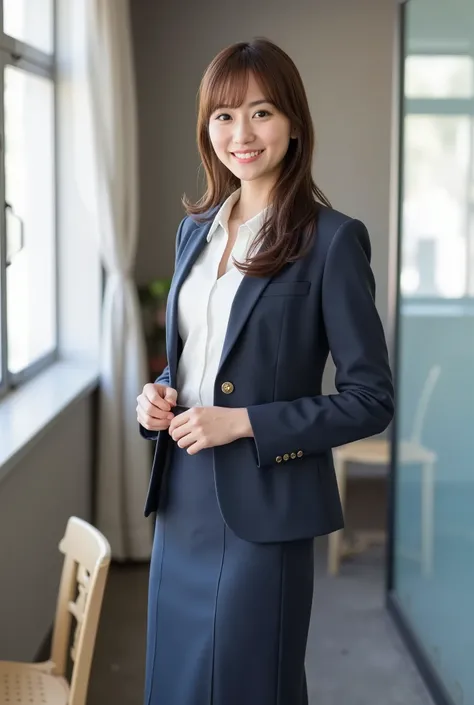 Create a realistic photograph of a beautiful Japanese female idol in a portrait style. She has a slim body with a small bust and slender legs, featuring medium-length hair styled in a ponytail with delicate bangs. She is wearing natural makeup and a busine...