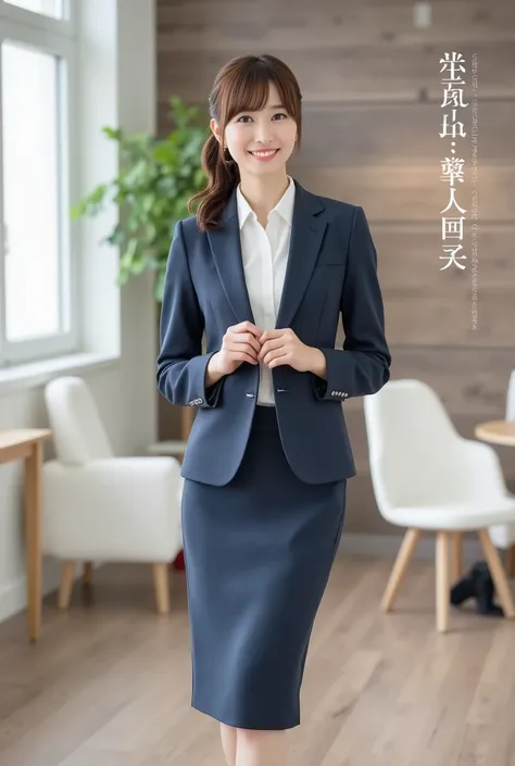 Create a realistic photograph of a beautiful Japanese female idol in a portrait style. She has a slim body with a small bust and slender legs, featuring medium-length hair styled in a ponytail with delicate bangs. She is wearing natural makeup and a busine...