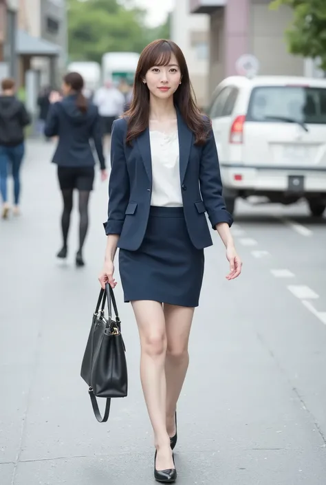 Create a realistic photograph of a beautiful Japanese female idol in a portrait style. She has a slim body with a small bust and slender legs, featuring medium-length hair tied back with delicate bangs. She is wearing natural makeup and a business suit con...