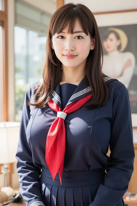 wearing a traditional Japanese uniform 、 body is covered with a sailor suit with a white collar and dark blue lines 、 wearing a dark blue pleated skirt、 red scarf、((((( girls on the left:2.86))))),( masterpiece, Top Quality:1.9),8k, RAW photo ,nsfw, de...