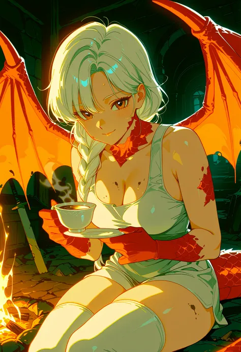 white hair, brown eyes, red dragon wings, some scales on arms and thighs, large round breasts, cleavage. Survivor's Breath: Aftermath of Battle、sitting in temple, ruins improvised bonfire. Anime comic style illustration, flat animation, retro 1980s style, ...