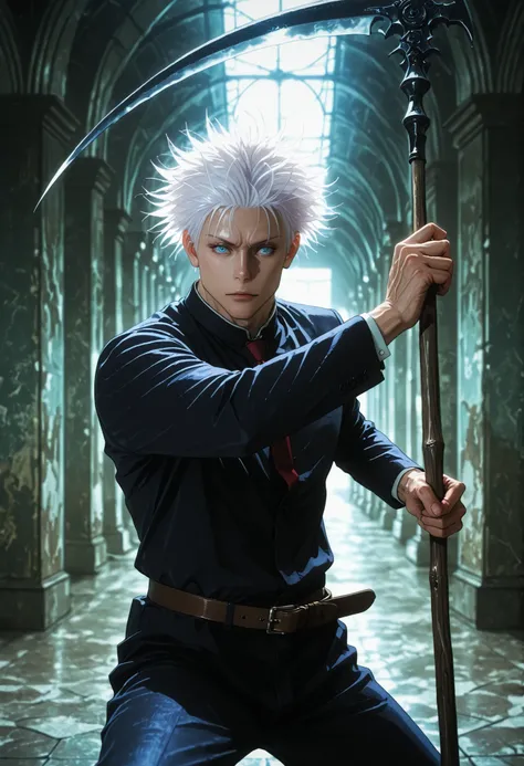 male ,Satoru year, white hair, blue eyes, hangs on her belt , red tie, holds a fighting scythe,adamantium scythe, turquoise black scythe, photorealistic, detailed, high quality, 4k, hdr, studio lighting, realistic texture, complex background, luxurious, c...