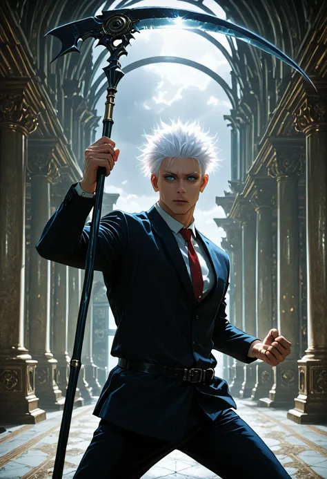 male ,Satoru year, white hair, blue eyes,  hangs on her belt , red tie, holds a fighting scythe,adamantium scythe, turquoise black scythe, photorealistic, detailed, high quality, 4k, hdr, studio lighting, realistic texture, complex background, luxurious, c...