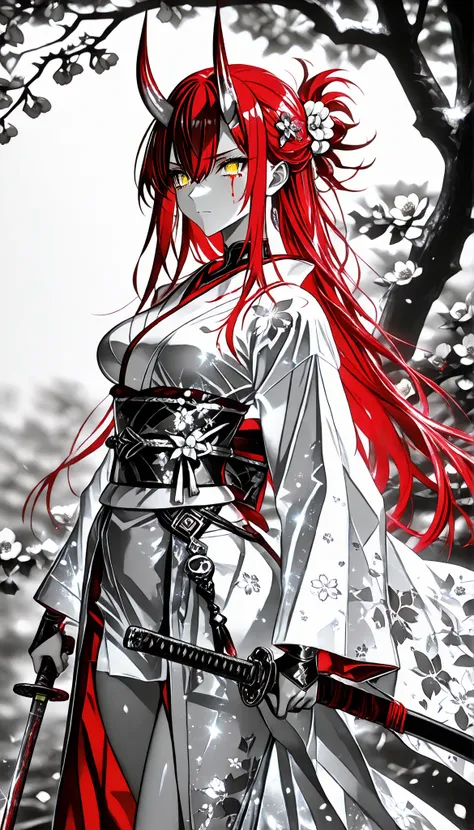 1 girl , golden eyes , very long hair , long sidelocks, red hair ,half updo, petite , very cute , beautiful ,Straight hair, cool, handsome, hair between eyes, sexy, medium breasts , blood tears, white kimono, sengoku period, white warrior, white armor, sh...