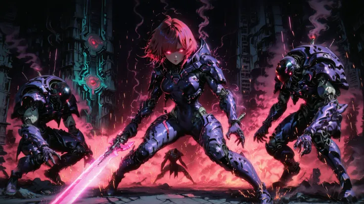  A cyberpunk female warrior with long flowing red hair stands surrounded by enemies in a dramatic sci-fi battlefield. She wears a sleek, futuristic purple armor with glowing neon pink highlights, designed with biomechanical curves and cybernetic plating. H...