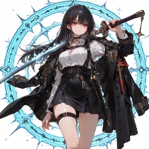 ((best quality)), ((masterpieces)), (detailed), perfect face, SOLO, ((1 girl)), ANIME, beautiful detailed eyes, long hair, long straight hair, black hair, RED EYES, BARE thighs, (((BARE LEG))), ((black tight-fitting Mini office skirt)), (((dress shirt))), ...