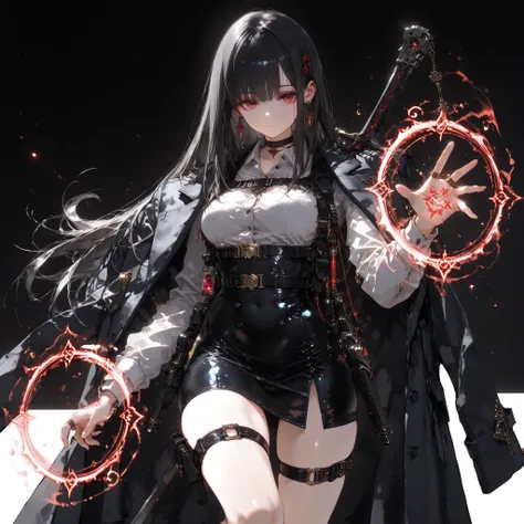 ((best quality)), ((masterpieces)), (detailed), perfect face, SOLO, ((1 girl)), ANIME, beautiful detailed eyes, long hair, long straight hair, black hair, RED EYES, BARE thighs, (((BARE LEG))), ((black tight-fitting Mini office skirt)), (((dress shirt))), ...