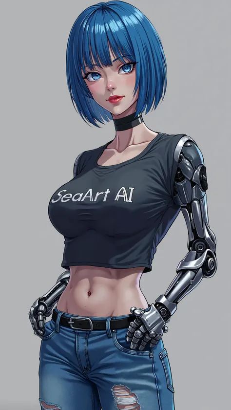 1girl, solo, breasts, looking at viewer, short hair, blue eyes, simple background, large breasts, navel, medium breasts, standing, blue hair, collarbone, cowboy shot, pants, belt, midriff, grey background, lips, torn clothes, muscular, makeup, colored skin...